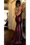 Burgundy Mermaid Long Prom Dresses V-Neck Sequins Backless Sleeveless Formal Dresses P1100