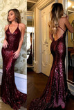 Burgundy Mermaid Long Prom Dresses V Neck Sequins Backless Sleeveless Formal Dresses P1100