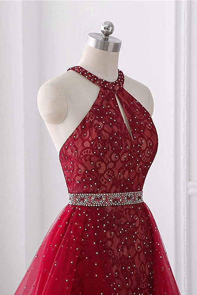 Burgundy Short Lace Beaded Halter Backless Evening Prom Dress Homecoming Dress H1173