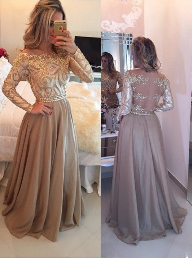 Hot Selling A-Line Cowl Floor Length Gold Prom/Evening Dress with Long ...