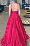 A Line Spaghetti Straps V-Neck Prom Dress with Pockets Backless Long Dance Dress P1380