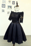 A Line Black Short Sleeves Off the Shoulder Lace Appliques Satin Homecoming Dresses uk PH885