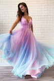 Chic Ombre Spaghetti Straps V Neck Beaded Graduation Gowns, Long Prom Dresses P1019