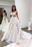 Chic Spaghetti Strap Sweetheart Tulle Beach Wedding Dresses 3D Appliqued Bridal Dresses W1095