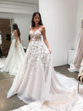 Chic Spaghetti Strap V-Neck Tulle Beach Wedding Dress 3D Appliqued Bridal Dress W1095