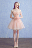 Cute A Line Half Sleeve Pink Round Neck Tulle Homecoming Dresses with Lace Prom Dresses PW823
