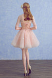 Cute A Line Half Sleeve Pink Round Neck Tulle Homecoming Dresses with Lace Prom Dresses PW823