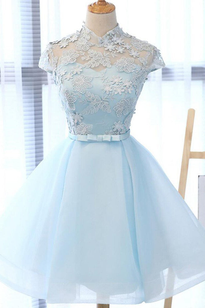 Cute A Line Light Blue High Neck Cap Sleeve Homecoming Dresses with ...