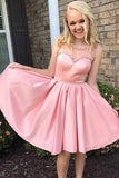 Cute A Line Satin Scoop Pink Beads Straps Short Prom Dresses Homecoming Dresses H1281