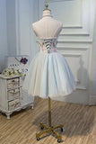 Blue Strapless Tulle Homecoming Dresses with 3D Flowers Lace up Dance Dresses H1336