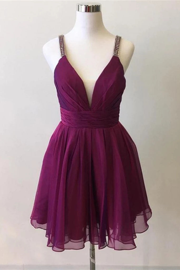 Cute Deep V Neck Purple Chiffon Beads Formal Dresses Homecoming Dresses H1152