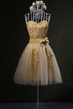 Sweetheart Gold Strapless Mini Homecoming Dress with Appliques Cocktail Dress PW941