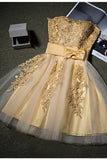 Cute Gold Strapless Mini Homecoming Dresses with Appliques, Sweetheart Cocktail Dress PW941
