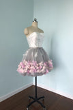 Gray Strapless Tulle Homecoming Dresses with Flowers Short Sweet 16 Dresses H1334