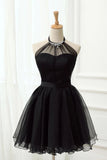 Cute Halter Black Tulle Sleeveless Beads Short Prom Dresses, Homecoming Dresses P1078