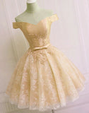 Cute Lace Appliques Satin V-Neck Off the Shoulder Homecoming Dress H1232