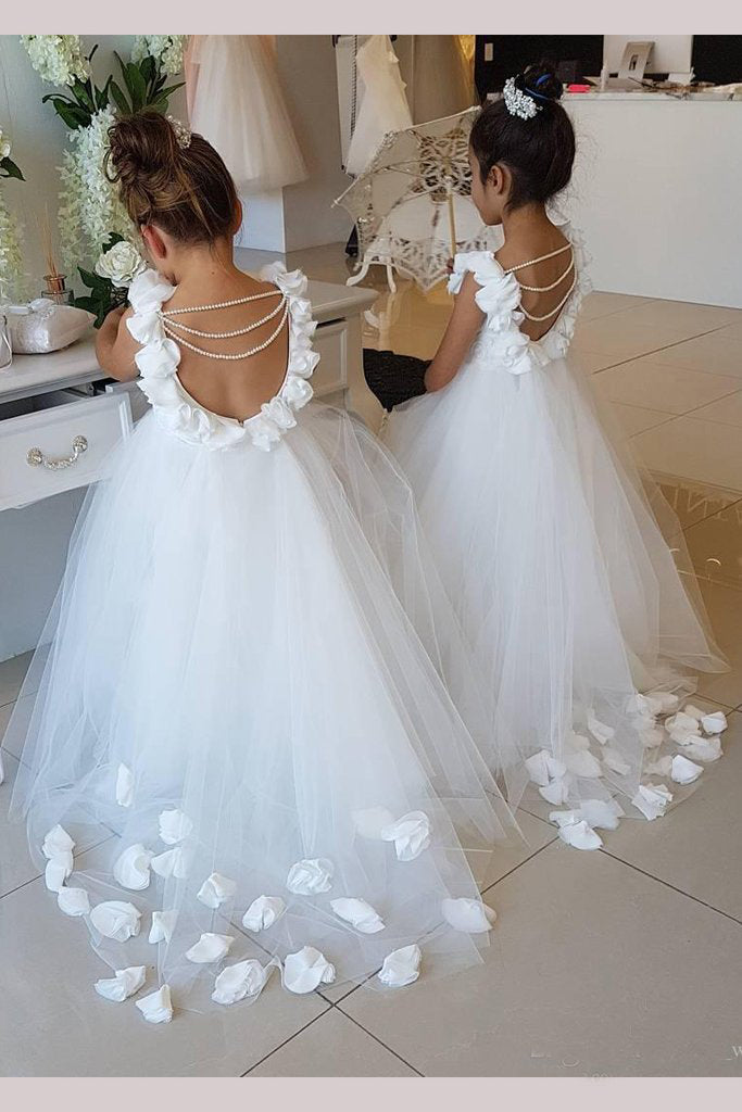 Cute Off White Tulle Backless Flower Girl Dresses with Pearl, Lace Baby Dresses PW878