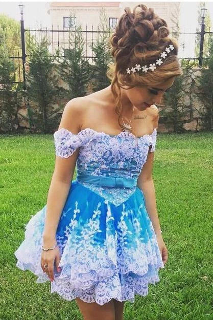 Cute Off the Shoulder Blue Lace Appliques Short Prom Gowns, Cute Homecoming Dresses H1347