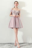 Cute Off the Shoulder Short Sleeve Tulle Pink Above Knee Homecoming Dresses PW821