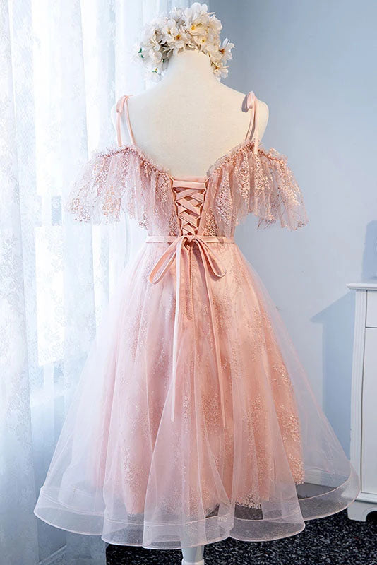 Cute Pink Spaghetti Straps Tea Length Tulle Sweetheart Homecoming Dress with Belt H1244
