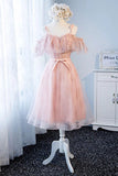 Cute Pink Spaghetti Straps Calf Length Tulle Sweetheart Homecoming Dresses with Belt H1244