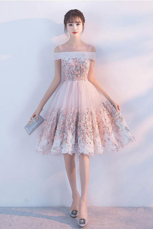Cute Princess Pink Lace Flowers Knee Length Homecoming Dresses, Short Prom Dresses H1003