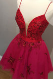Cute Red Spaghetti Straps V Neck Tulle Beaded Short Prom Dresses, Homecoming Dresses H1117
