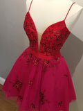 Cute Red Spaghetti Straps V-Neck Tulle Beaded Short Prom Dresses Homecoming Dresses H1117