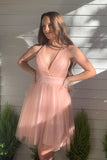 Pink Deep V-Neck Backless Tulle Short Homecoming Dresses