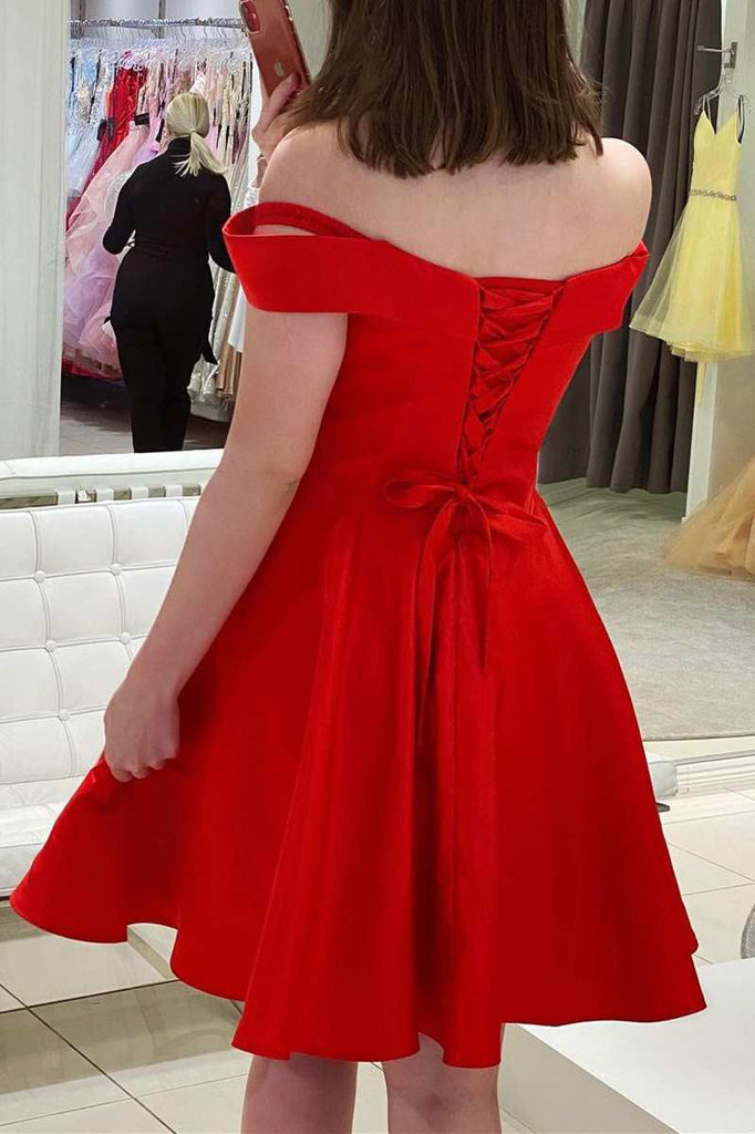 Red Off The Shoulder A Line Satin Homecoming Dress