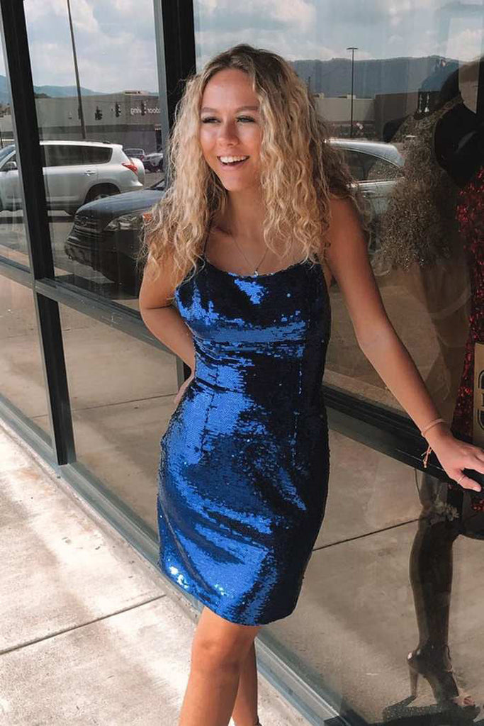 Shinning Sequins Spaghetti Straps Navy Blue Homecoming Dress