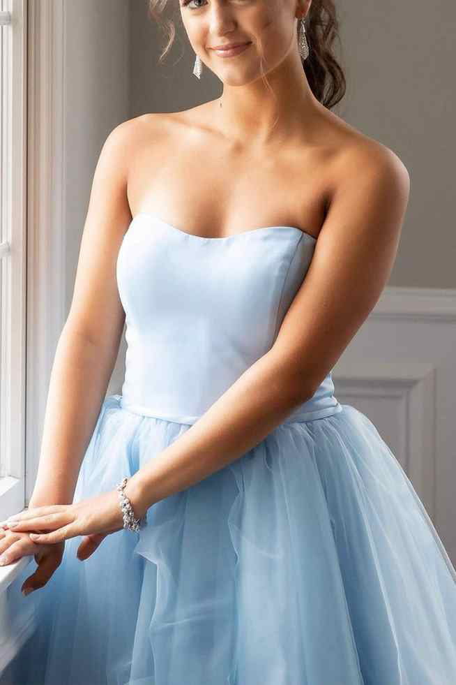Light Blue Strapless A Line Lace up Short Homecoming Dress