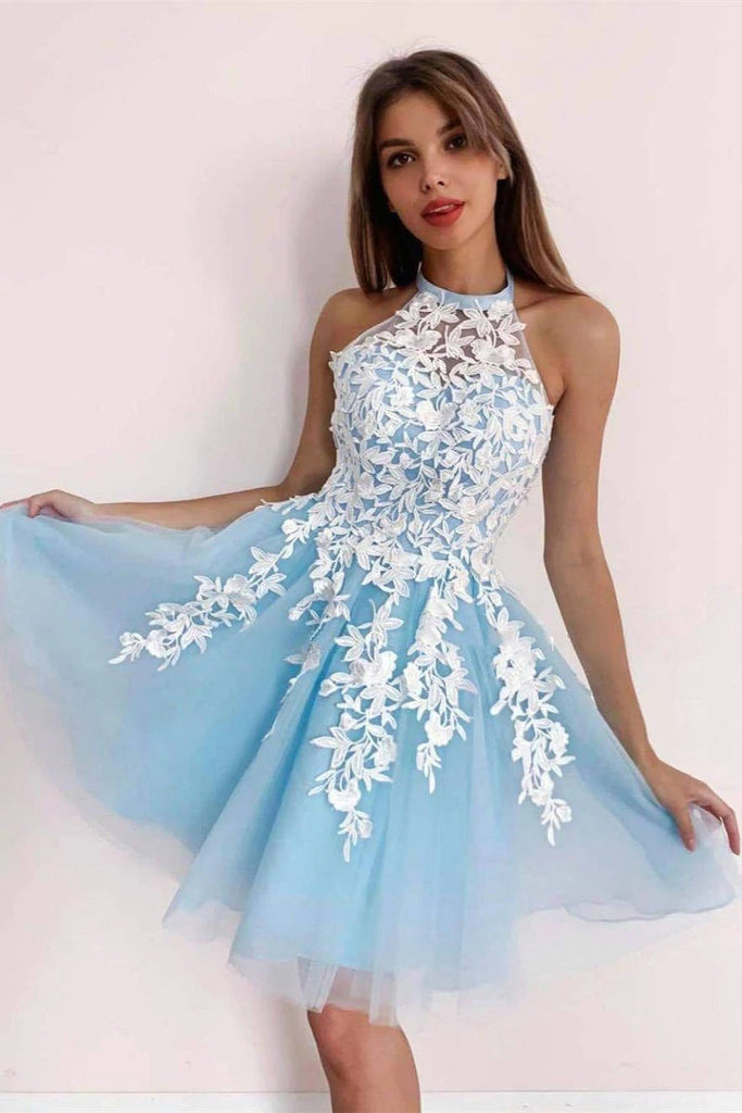 Sky Blue A-line Applique Tulle Short Prom Dresses Homecoming Dresses