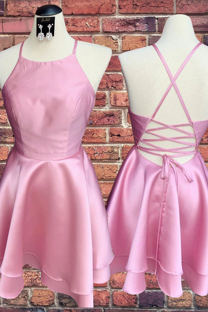 Candy Pink Spaghetti Straps Sleeveless Stain Short Prom Dresses Homecoming Dresses