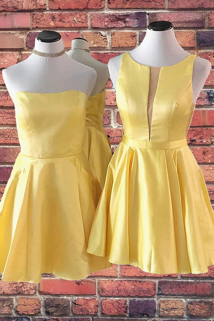 A Line Yellow Sleeveless Short Homecoming Dresses