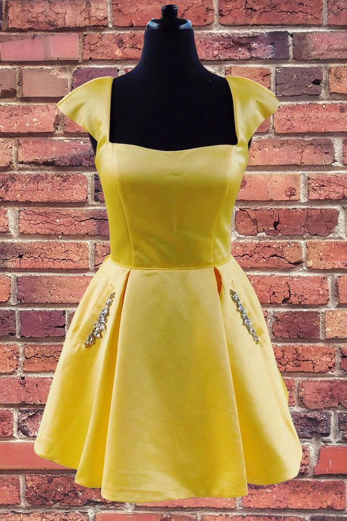A Line Yellow Cap Sleeves Stain Homecoming Dress With Pockets