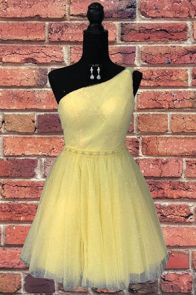One Shoulder Yellow Tulle Beading Homecoming Dress