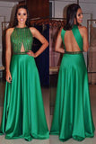 A-Line High Neck Sleeveless Green Open Back Satin with Beading Prom Dresses uk PM394