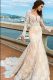 White Lace Mermaid Deep V-Neck Backless Long Sleeve Wedding Dresses uk PM835