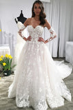 A Line Long Sleeves Ivory Lace Appliques Beads Sweetheart Long Wedding Dresses uk PH785