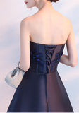 Navy Blue Beads Appliques Strapless A Line Lace up Homecoming Dresses PH573