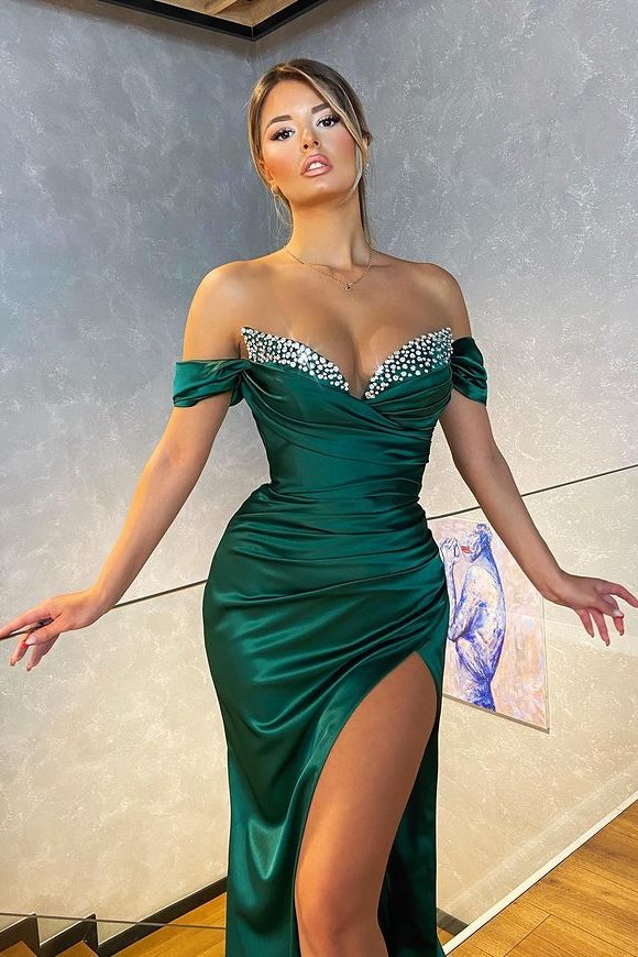 Mermaid Off-the-Shoulder Dark Green Beading Prom Dresses With Split PD0465