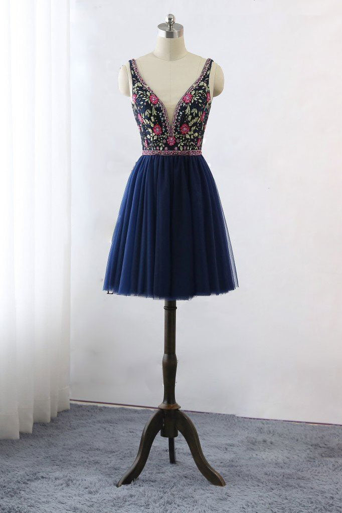 Dark Blue V Neck Lace Tulle Short Prom Dresses, Floral Print Backless Homecoming Dress H1027