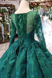Dark Green Long Sleeves Ball Gown Prom Dress with Beads Lace up Quinceanera Dress PW972
