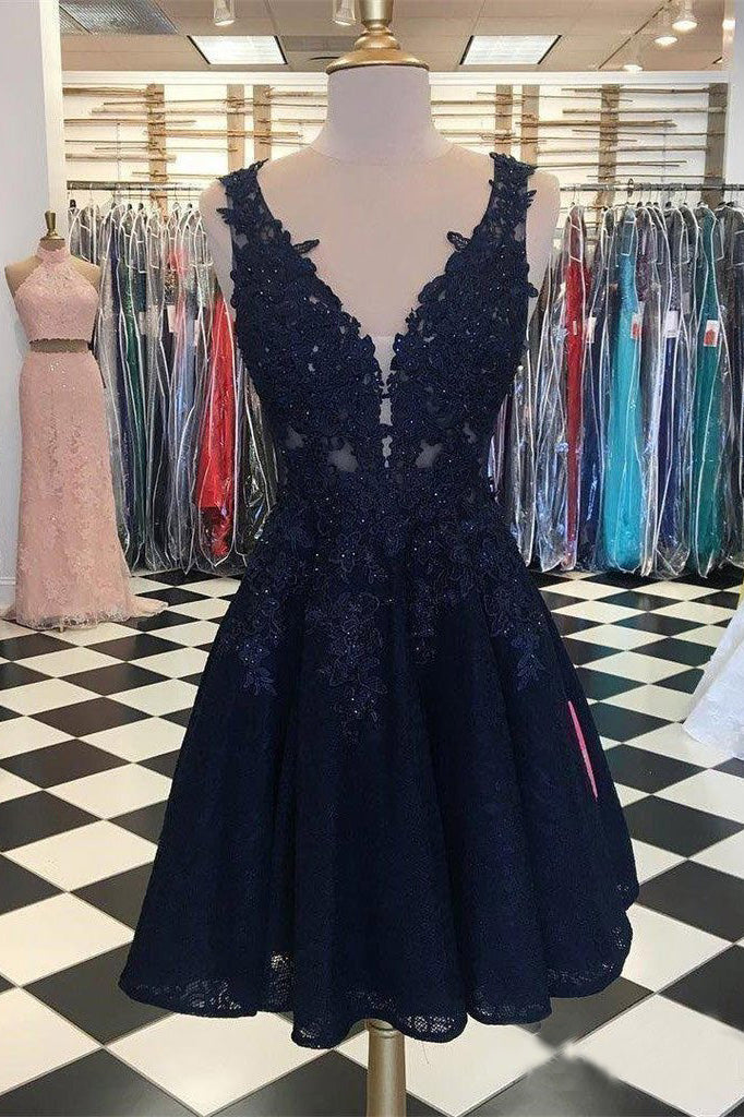 Dark Navy Lace Homecoming Dresses V Neck Appliqued Cheap Short Prom Dresses PW948