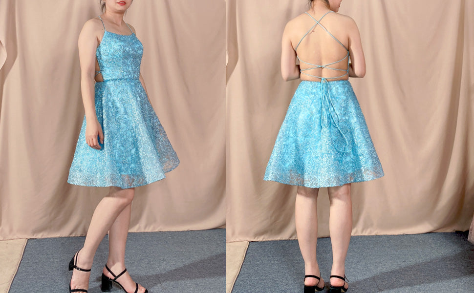 Cute Blue Straps A Line Lace Short Homecoming Dress