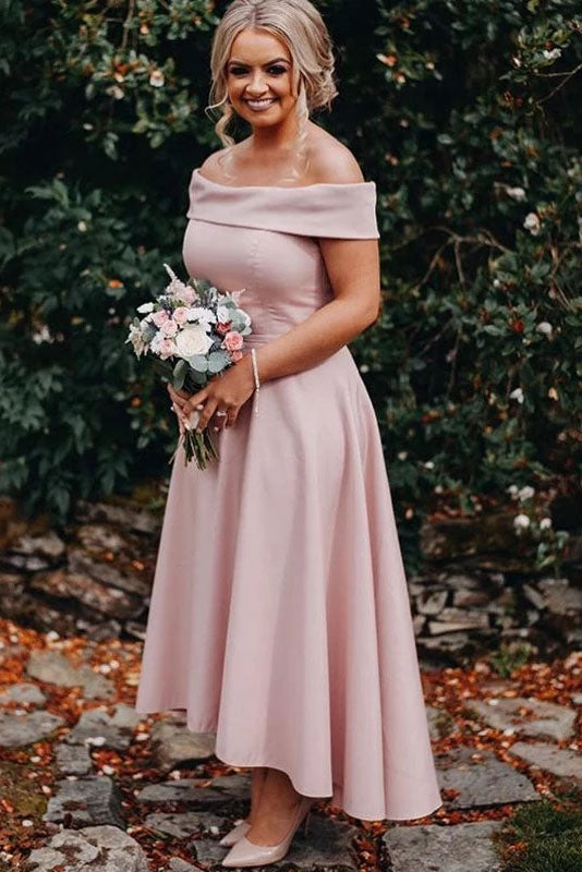 Dusty Pink Jersey Off the Shoulder High Low Ankle Length Bridesmaid Dresses with Satin BD1019
