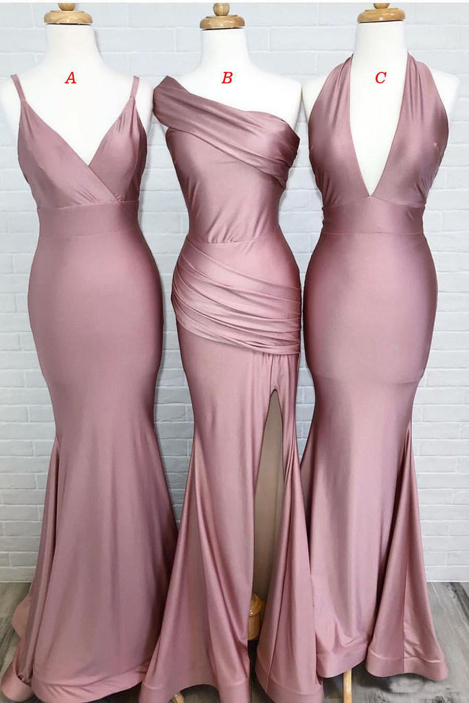 Dusty Rose Mermaid V Neck Split Side Long Evening Gowns Bridesmaid Dresses PW987