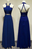 Long Elegant Sleeveless A-line Halter Blue Backless Prom Dresses DGY63