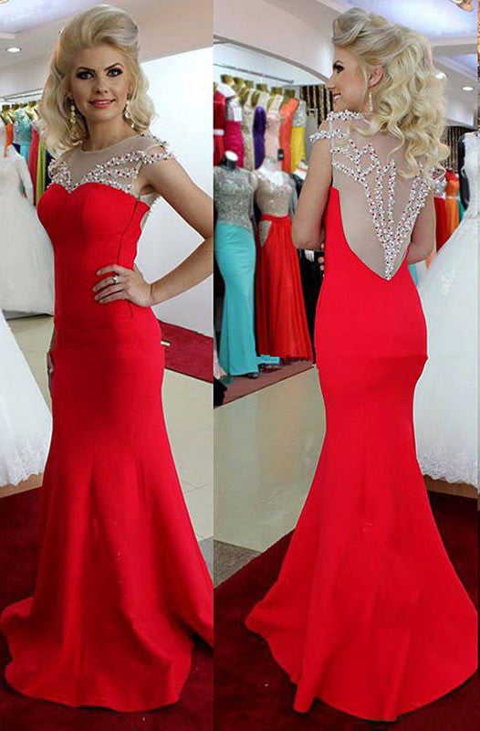 Red Beading Floor Length Satin Mermaid Prom Dresses Evening Dresses